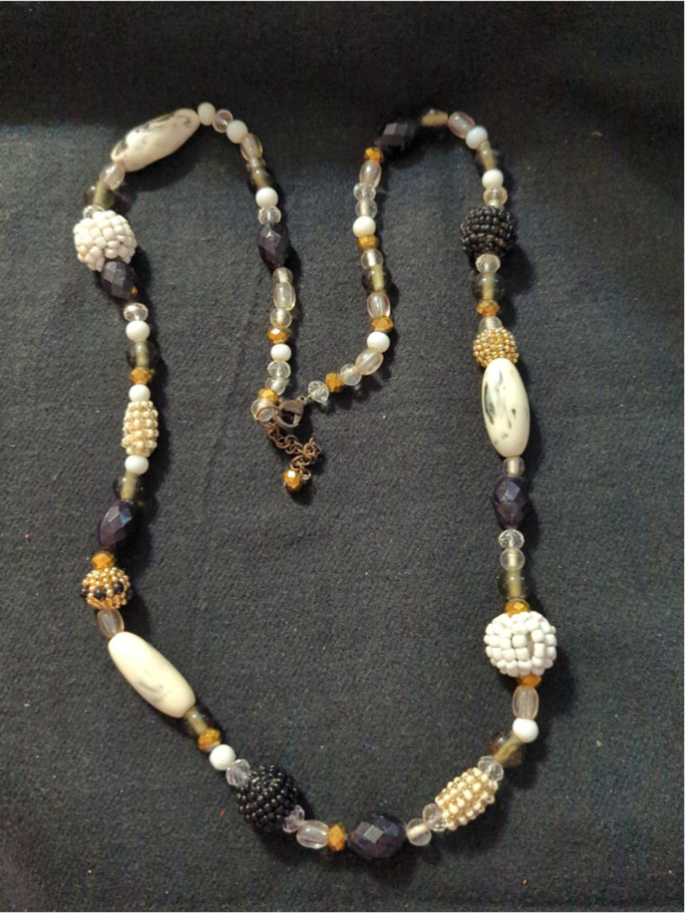 Gold Tone Black and White Beaded Long Statement Necklace